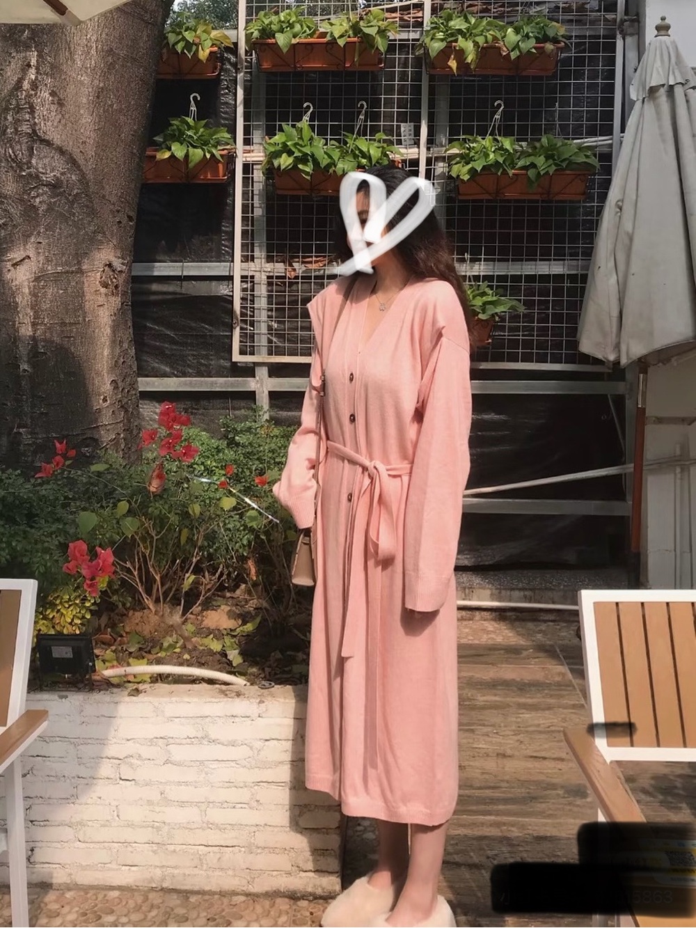 Long Pink Button-Front Robe with Tie Belt